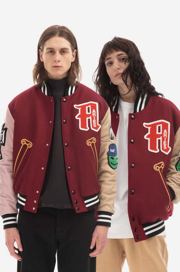 Aries kurtka bomber męski kolor bordowy przejściowa oversize Kurtka Aries Varsity Jacket AR70200 BURGUNDY AR70200-PINK