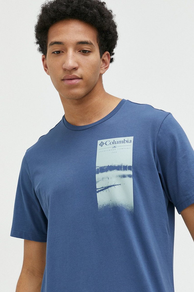 Columbia t-shirt bawełniany Explorers Canyon kolor niebieski wzorzysty 2036441