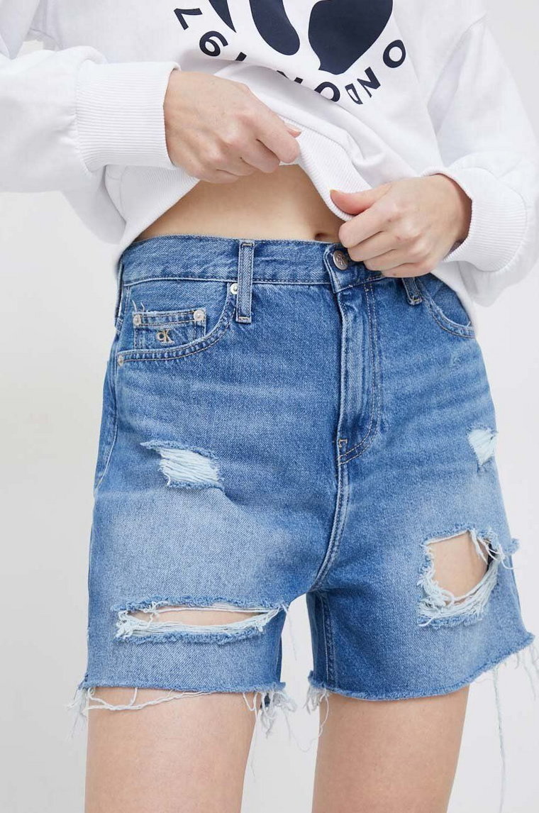 Calvin Klein Jeans szorty jeansowe damskie kolor niebieski gładkie high waist