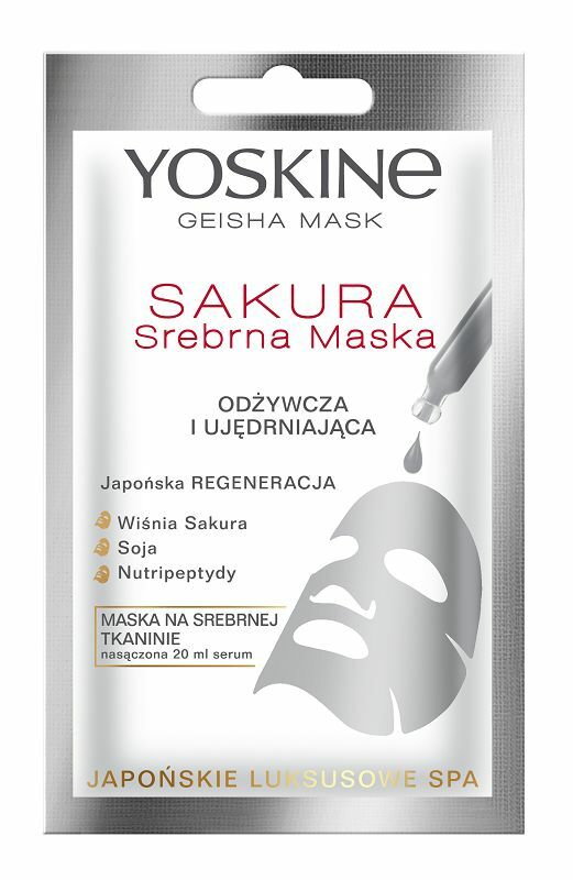 Yoskine Geisha Mask Srebrna maska na tkaninie, Sakura