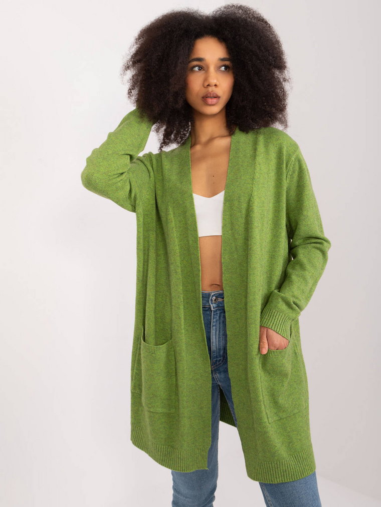 Sweter rozpinany jasny zielony casual narzutka rękaw długi długość długa kieszenie