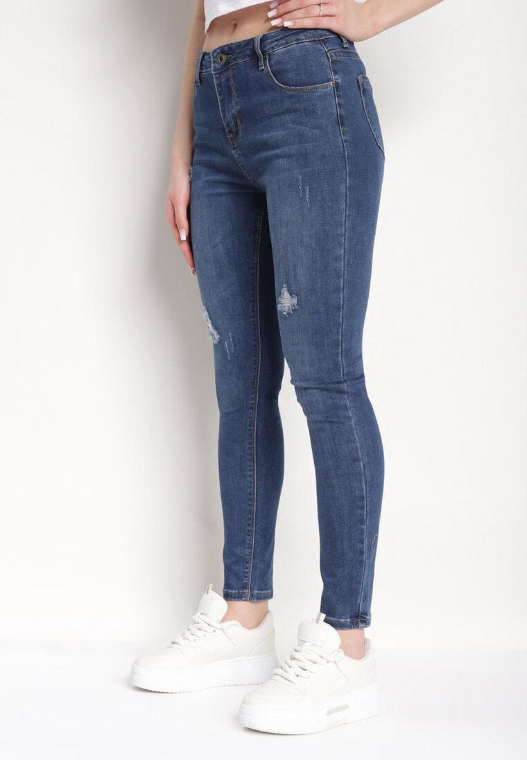 Niebieskie Jeansy Skinny z Minimalistycznymi Przedarciami Wiala