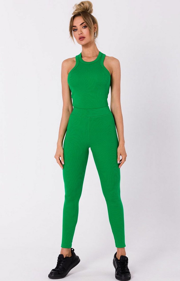 Długie legginsy prążkowane w kolorze zielonym M734, Kolor intensywna zieleń, Rozmiar L, MOE