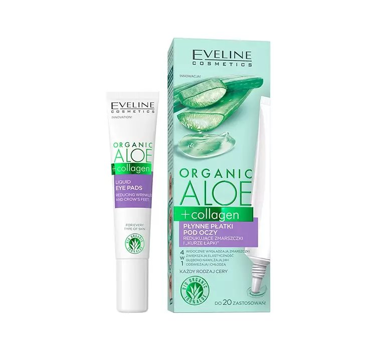 EVELINE ORGANIC ALOE + COLLAGEN PŁYNNE PŁATKI POD OCZY REDUKUJĄCE ZMARSZCZKI I KURZE ŁAPKI 20ML