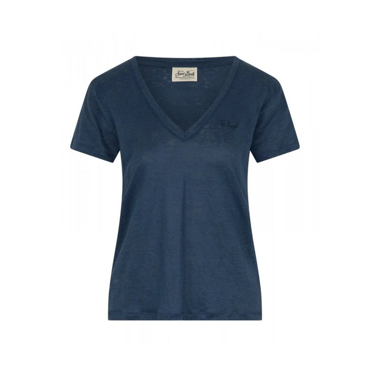 Niebieski lniany T-shirt z dekoltem w serek Eloise MC2 Saint Barth