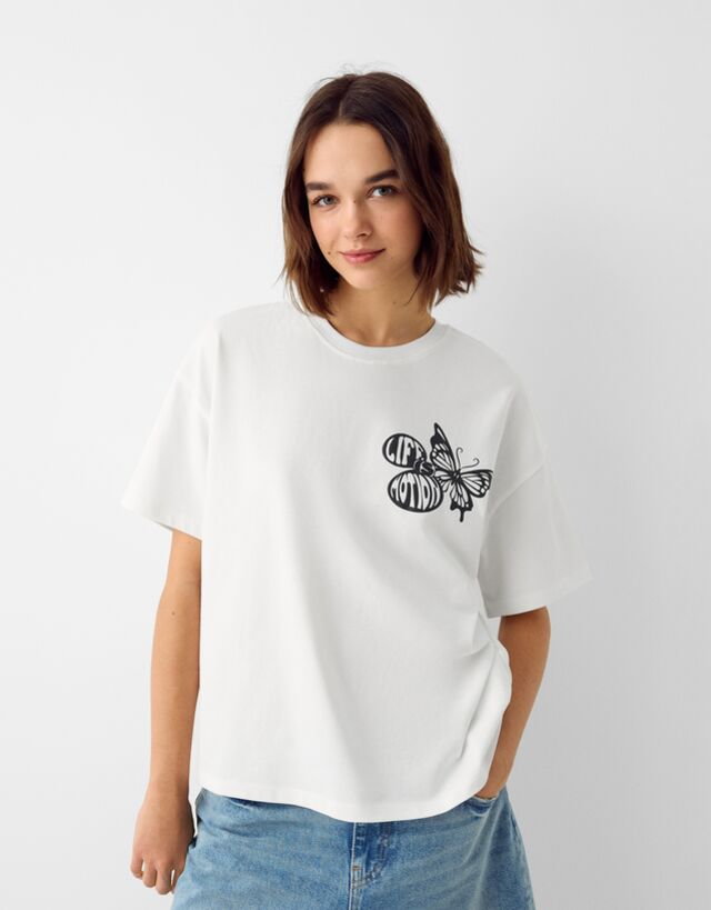 Bershka Koszulka Z Krótkim Rękawem I Nadrukiem Kobieta Xs Kremowy