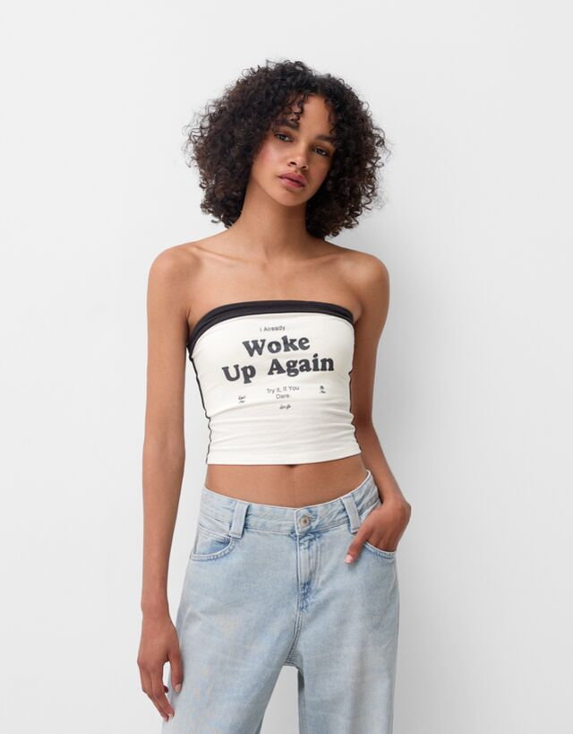 Bershka Top Bandeau Z Nadrukiem Kobieta M Kremowy