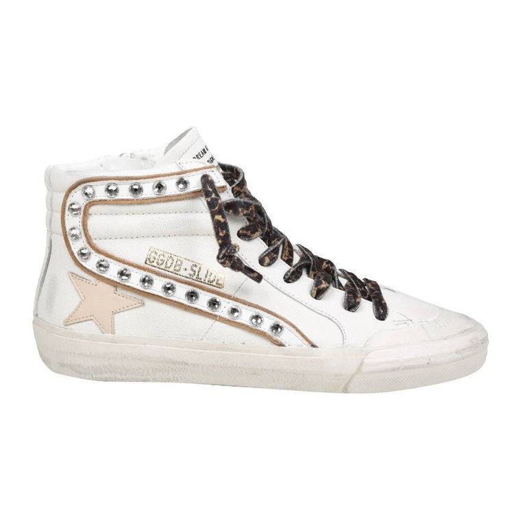 Białe/Platynowe Skórzane Sneakersy z Kryształowymi Akcentami Golden Goose