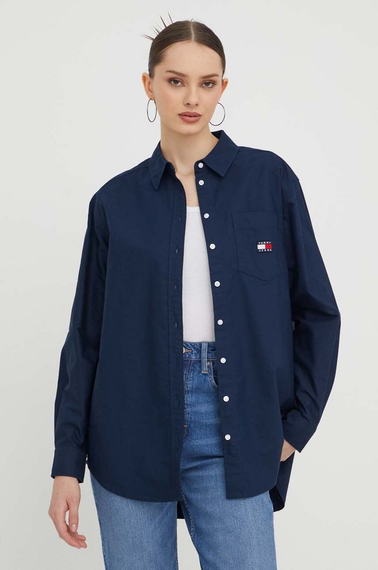 Tommy Jeans koszula bawełniana damska kolor granatowy relaxed z kołnierzykiem klasycznym DW0DW17351