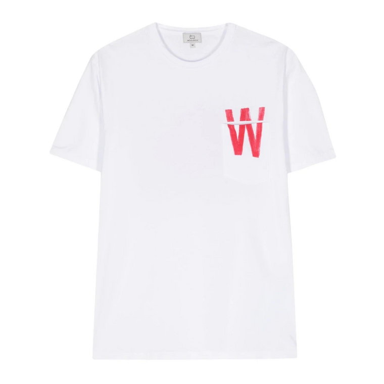 Biała Koszulka z Okrągłym Dekoltem i Kieszonką Woolrich