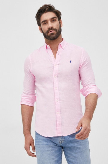 Polo Ralph Lauren koszula lniana 710829443005 męska kolor różowy slim z kołnierzykiem button-down