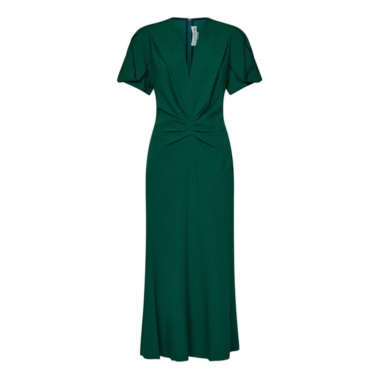 Zielona Sukienka Midi z Marszczeniami na Rękawach Victoria Beckham