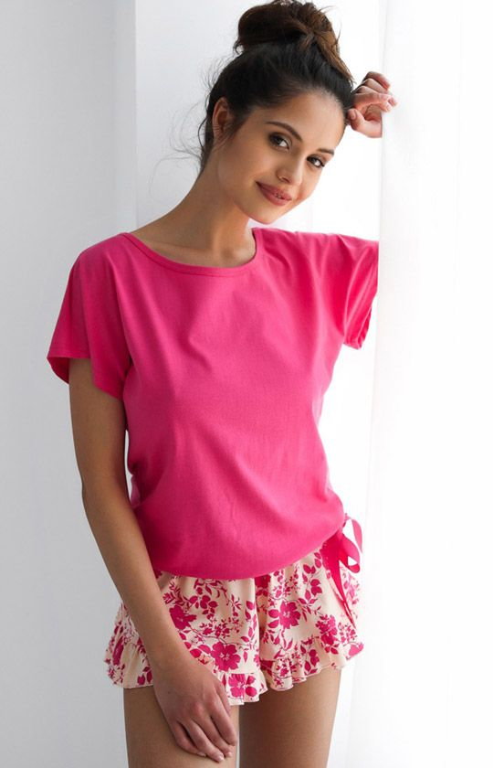 Piżama damska z krótkim rękawem i krótką nogawką Madalena, Kolor różowy, Rozmiar S, SENSIS