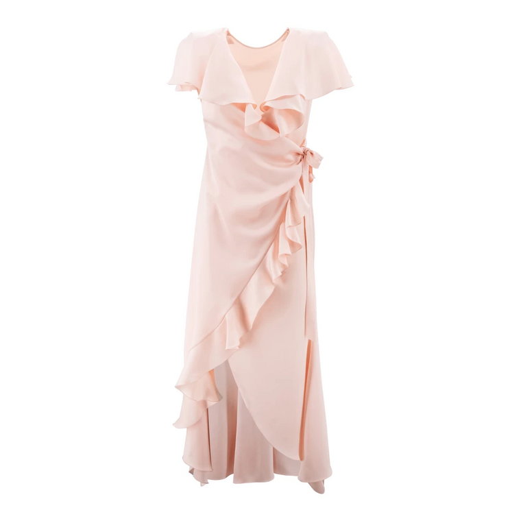 Różowa satynowa sukienka w stylu oplotu z falbanami Philosophy di Lorenzo Serafini
