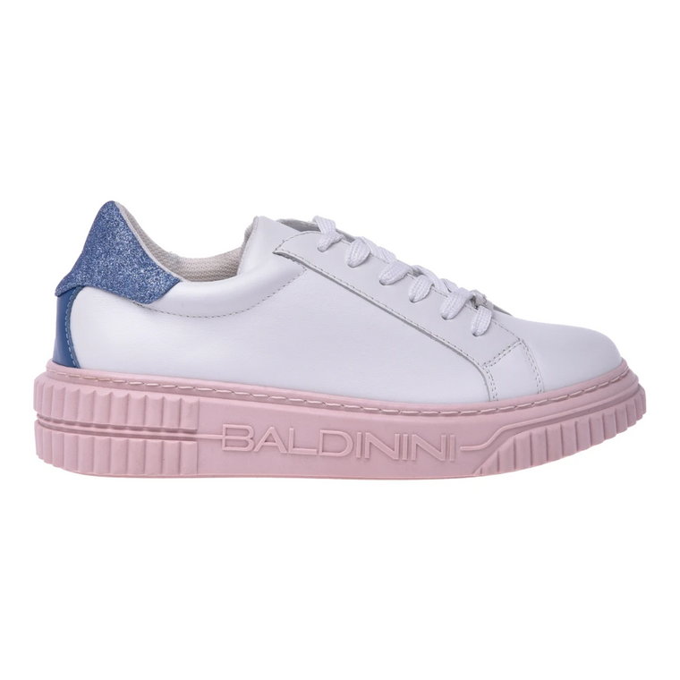 Tennis shoes in white calfskin and light blue glitter fabric Baldinini