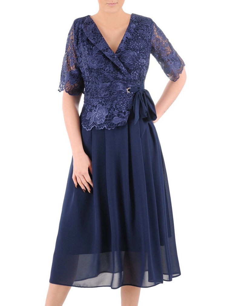 Granatowa sukienka damska, elegancka kreacja z kopertowym dekoltem 37701