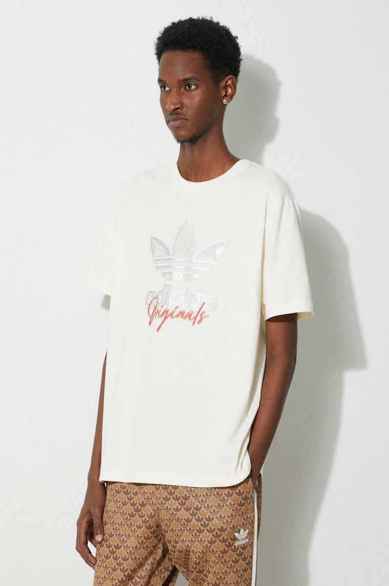 adidas Originals t-shirt bawełniany męski kolor beżowy z nadrukiem IS2910