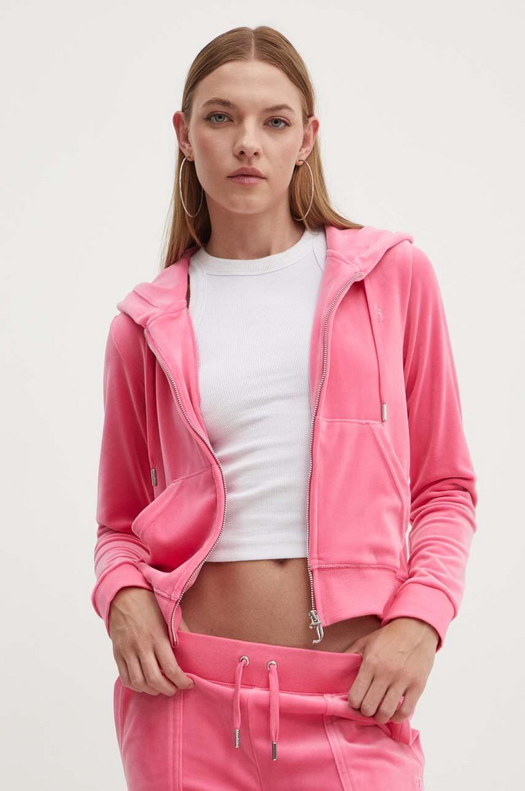 Juicy Couture bluza welurowa kolor różowy z kapturem gładka JCAP176