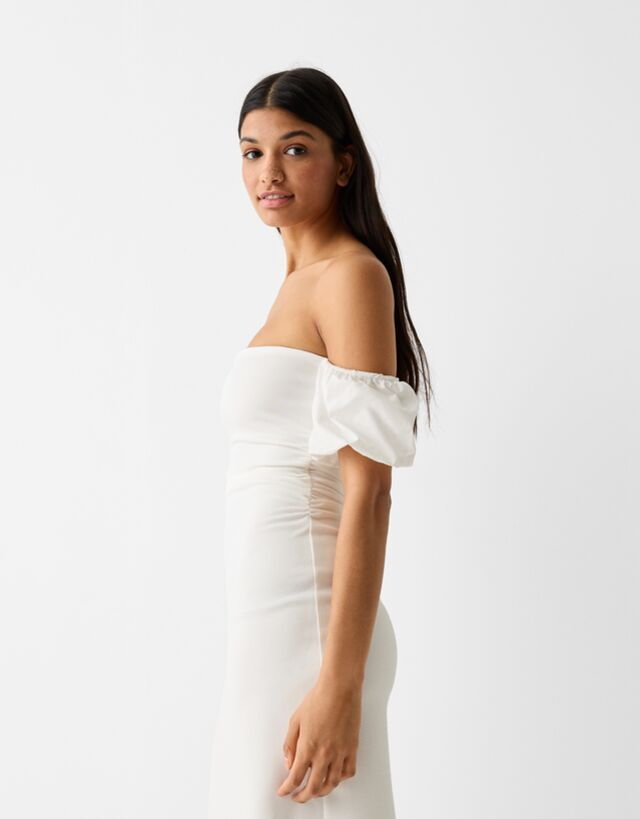 Bershka Sukienka Midi Z Krótkim Rękawem Z Łączonych Materiałów: Z Krepy I Popeliny Kobieta L Biały Złamany