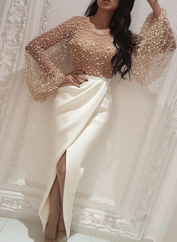 Sukienka drapowana z transparentną górą zdobioną perełkami
