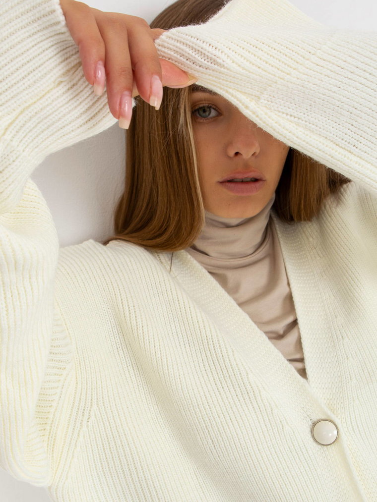 Sweter rozpinany ecru casual dekolt w kształcie V rękaw długi długość długa guziki