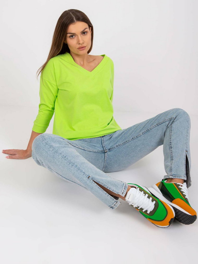 Bluzka basic fluo zielony casual codzienna dekolt w kształcie V rękaw 3/4