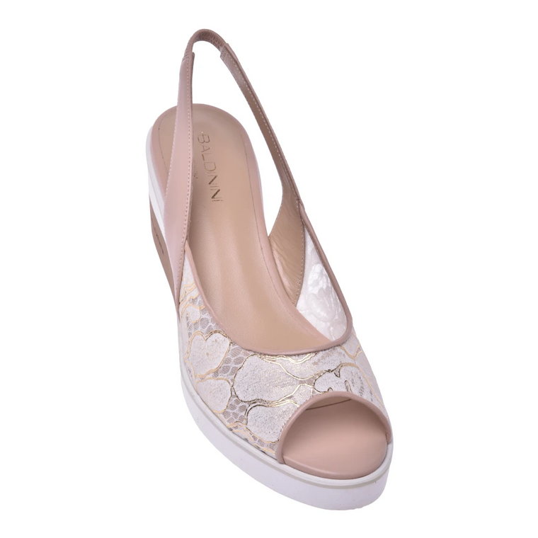 Wedged sandals in nude nappa leather and lace Baldinini