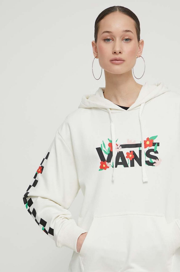 Vans bluza damska kolor beżowy z kapturem z nadrukiem