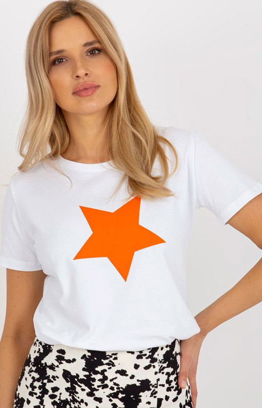 T-shirt damski z pomarańczową gwiazdą RV-TS-8626.00, Kolor biało-pomarańczowy, Rozmiar L/XL, BASIC FEEL GOOD