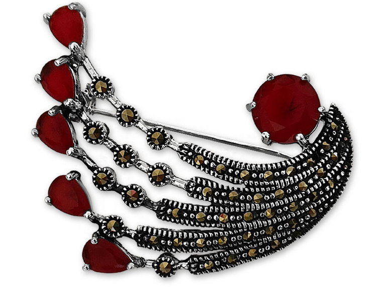 Srebrna broszka 925 pawi rubinowy ogon z markazytami