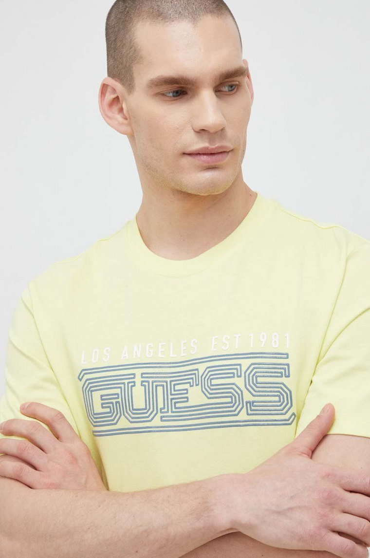 Guess t-shirt bawełniany kolor żółty wzorzysty