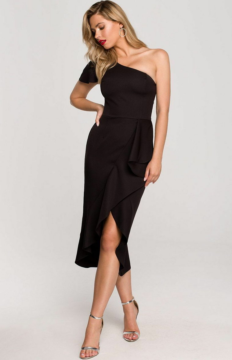 K146 Sukienka na jedno ramię z falbaną w kolorze czarnym, Kolor czarny, Rozmiar L, makover