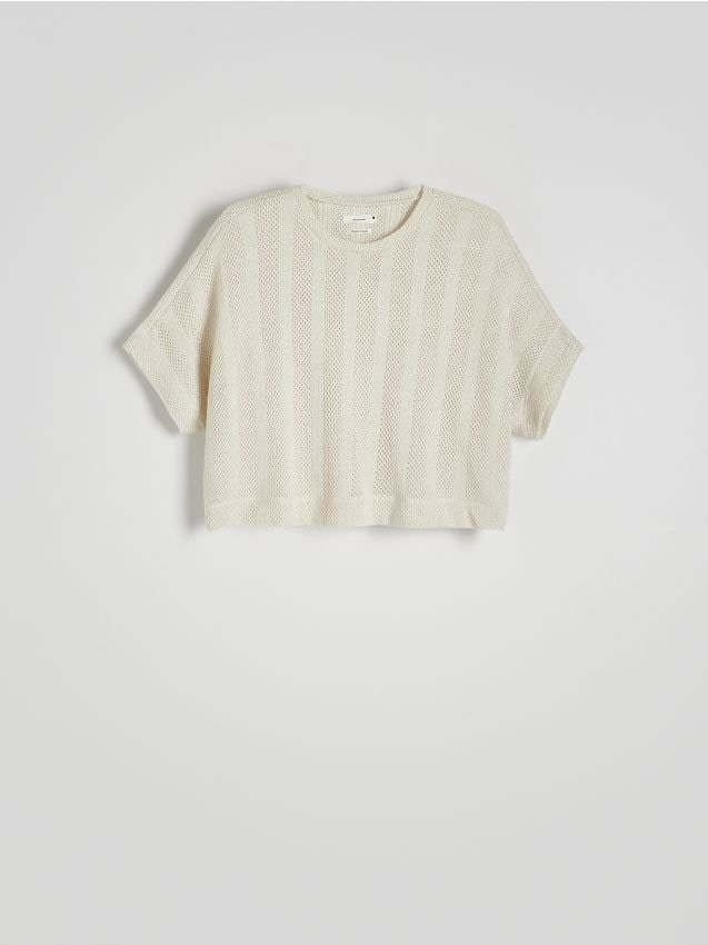 Reserved - T-shirt z metalicznym efektem - złamana biel
