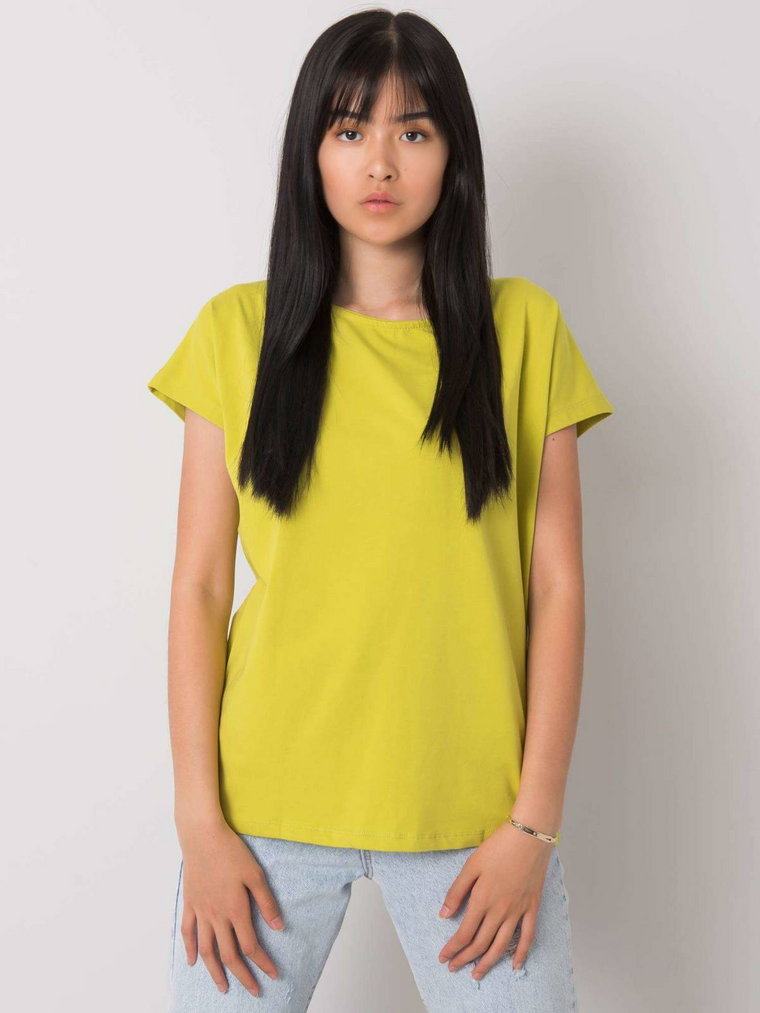 T-shirt jednokolorowy limonkowy casual dekolt okrągły sznurowany rękaw krótki