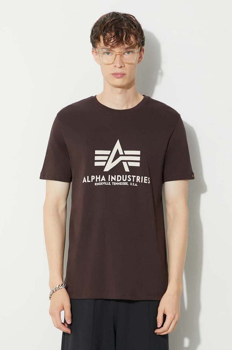 Alpha Industries t-shirt bawełniany Basic T-Shirt męski kolor brązowy z nadrukiem 100501.696
