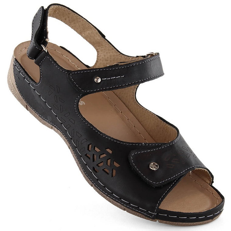 Skórzane komfortowe sandały damskie na rzepy czarne Helios 266-2.011
