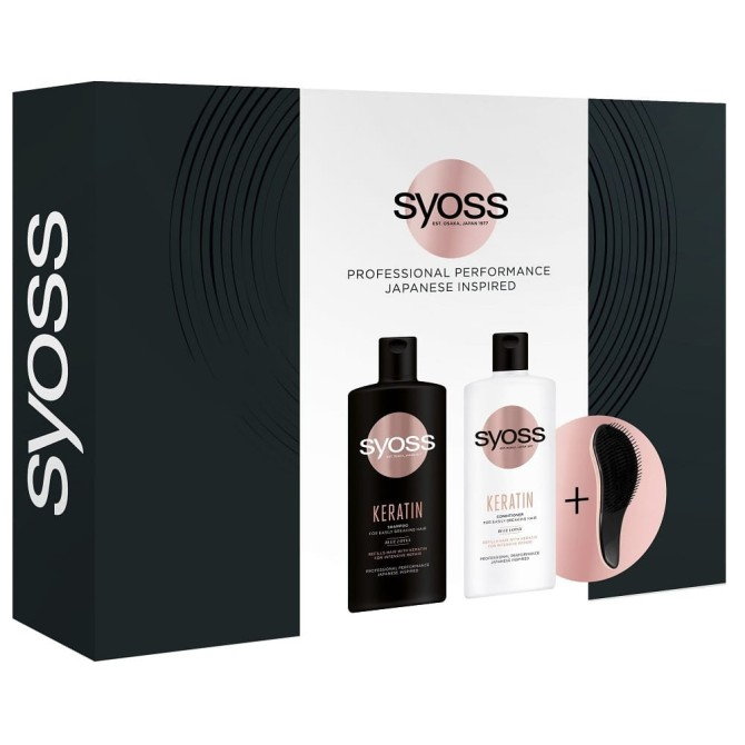 Syoss Keratin zestaw szampon do włosów słabych i łamliwych 440ml + odżywka do włosów słabych i łamliwych 440ml + kompaktowa szczotka do włosów