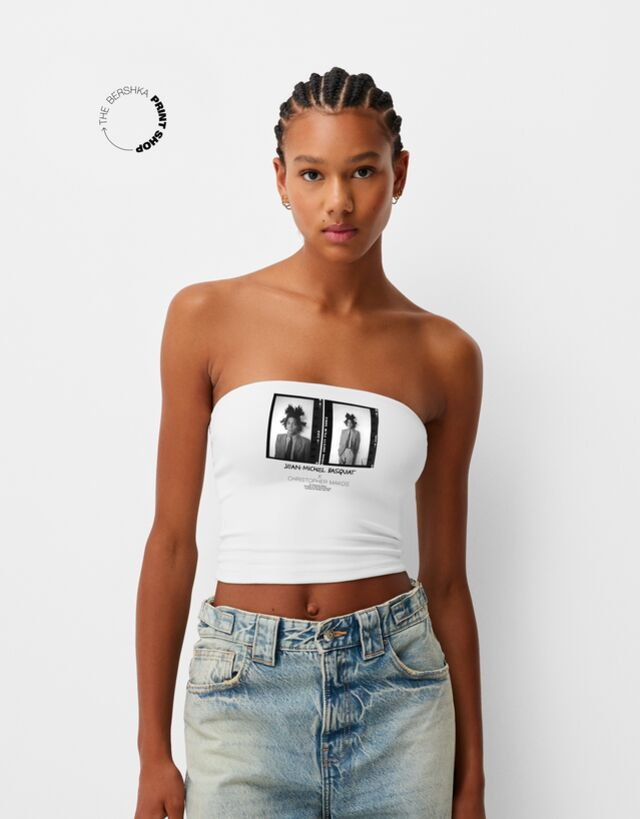 Bershka Top Bandeau Z Fotografią Basquiat By Makos Kobieta M Biały