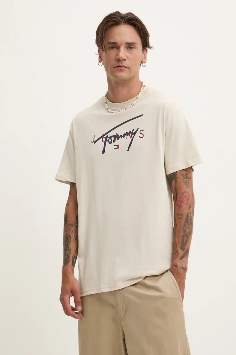 Tommy Jeans t-shirt bawełniany męski kolor beżowy z nadrukiem DM0DM19683