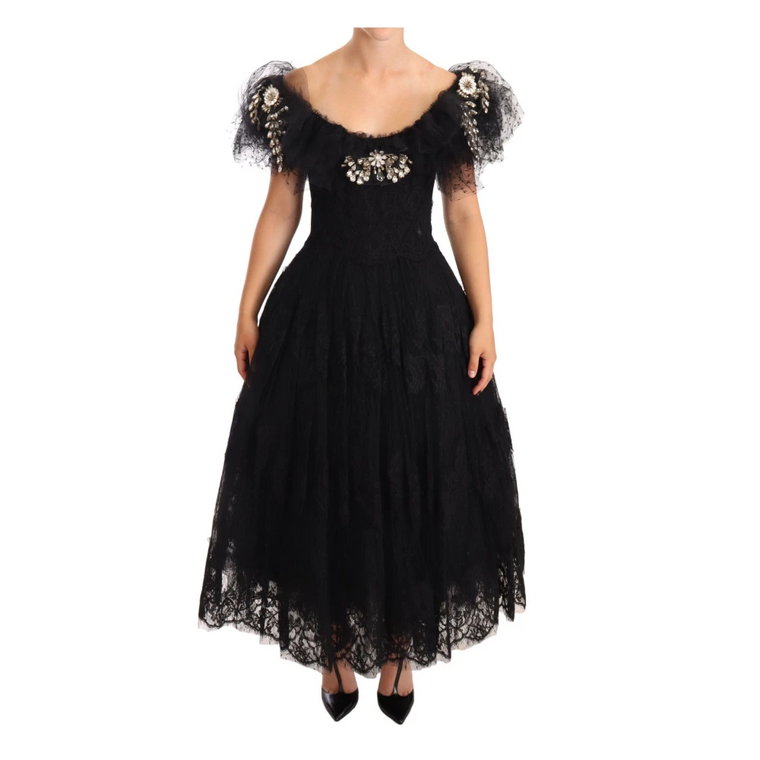 Czarna Koronkowa Suknia Wieczorowa z Kryształami Dolce & Gabbana