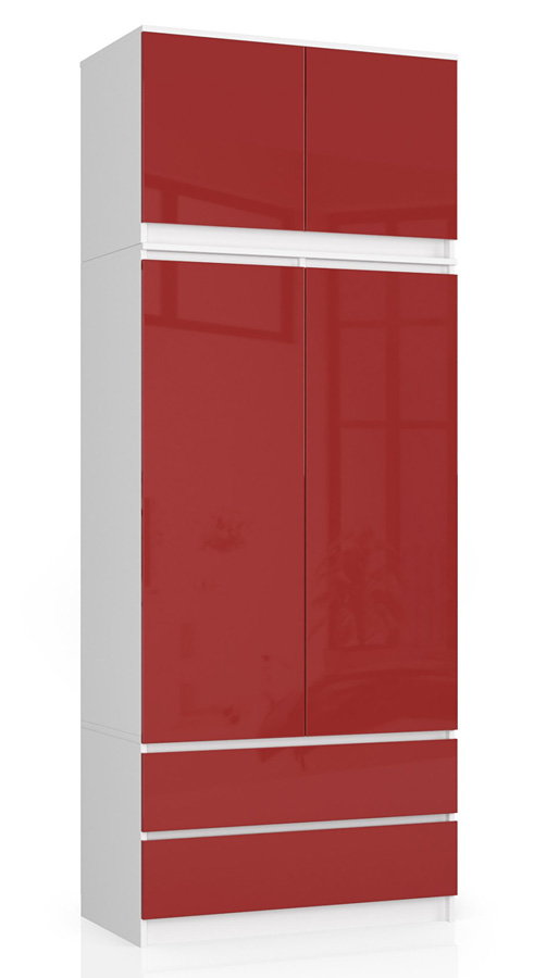 Nowoczesna dwudrzwiowa szafa z nadstawką biały + czerwony połysk - Ronoti 4X