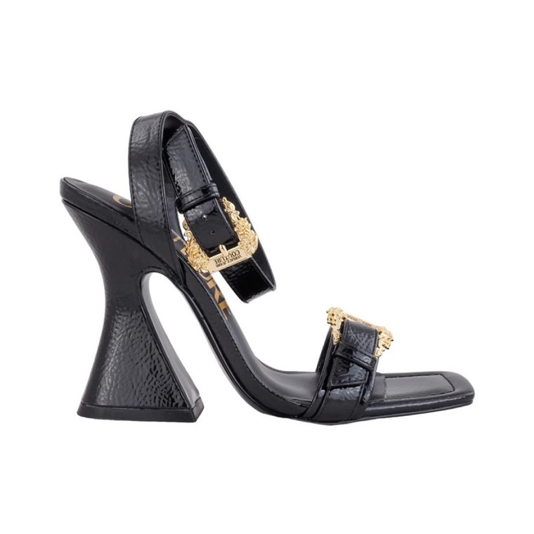 Czarne sandały z kwadratowym noskiem i złotymi sprzączkami Versace Jeans Couture
