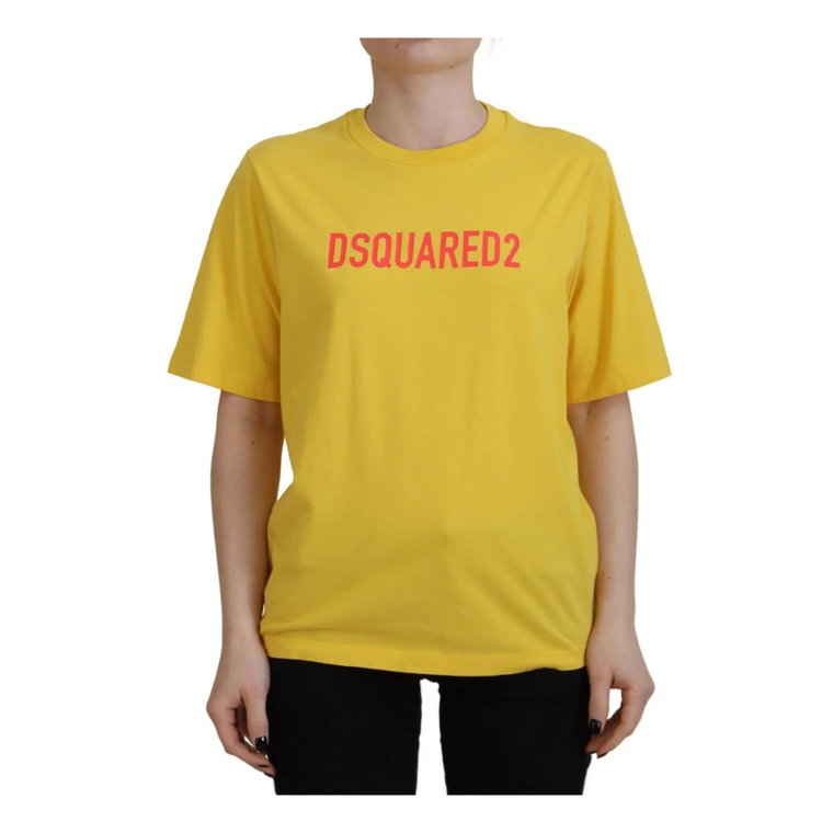 Żółta Koszulka z Logo z Bawełny z Dekoltem w Serek Dsquared2