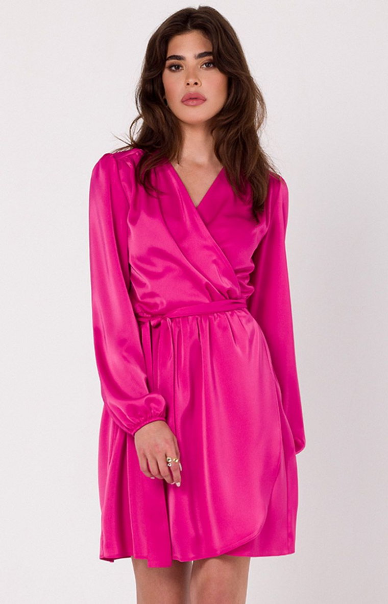 Rozkloszowana sukienka satynowa w kolorze różowym K175, Kolor różowy, Rozmiar L/XL, makover