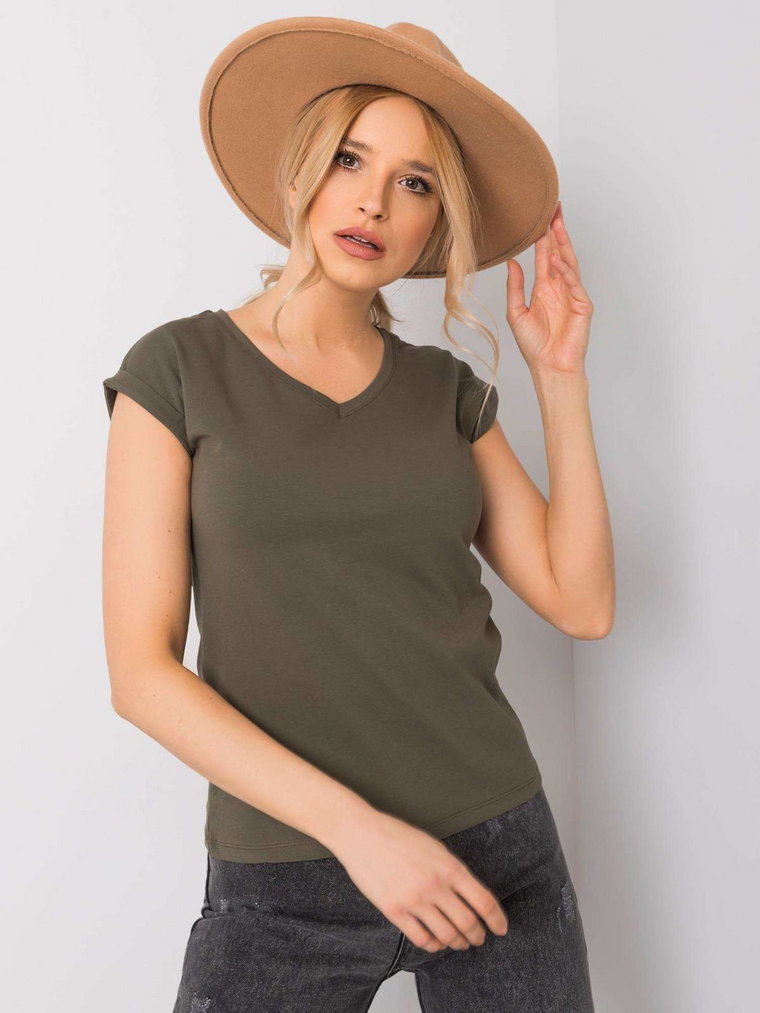 T-shirt jednokolorowy khaki casual dekolt okrągły w kształcie V rękaw krótki