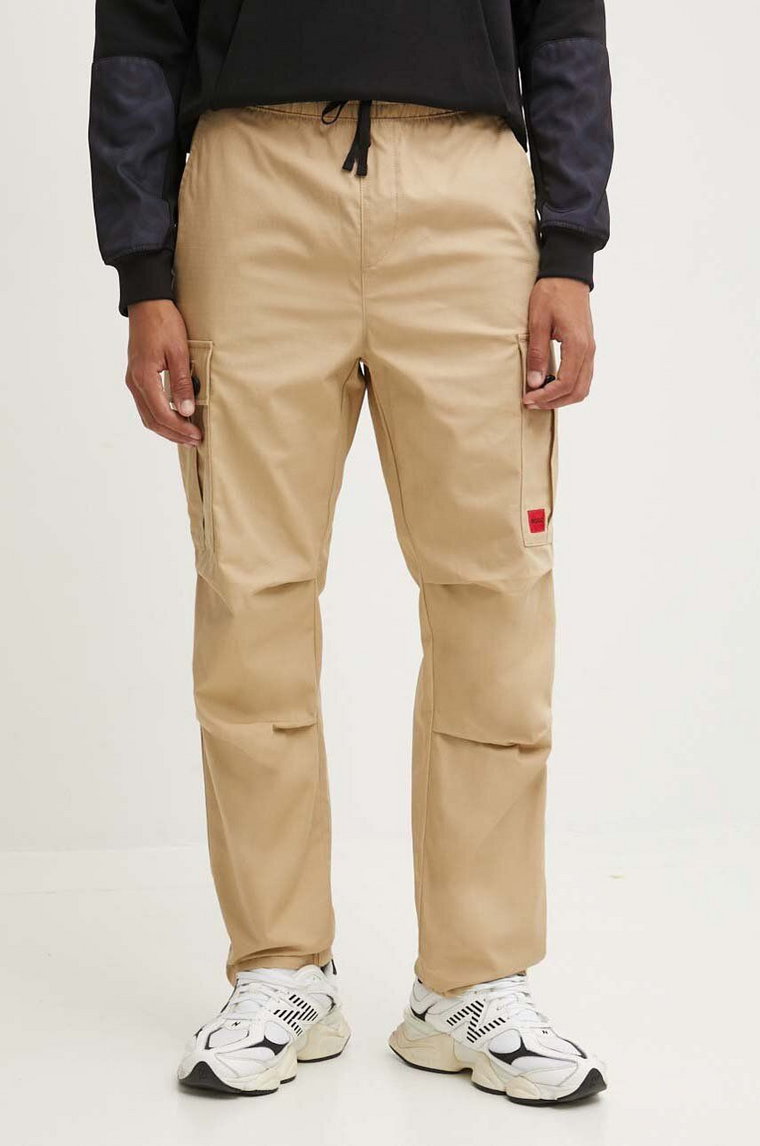 HUGO spodnie bawełniane kolor beżowy proste 50493865