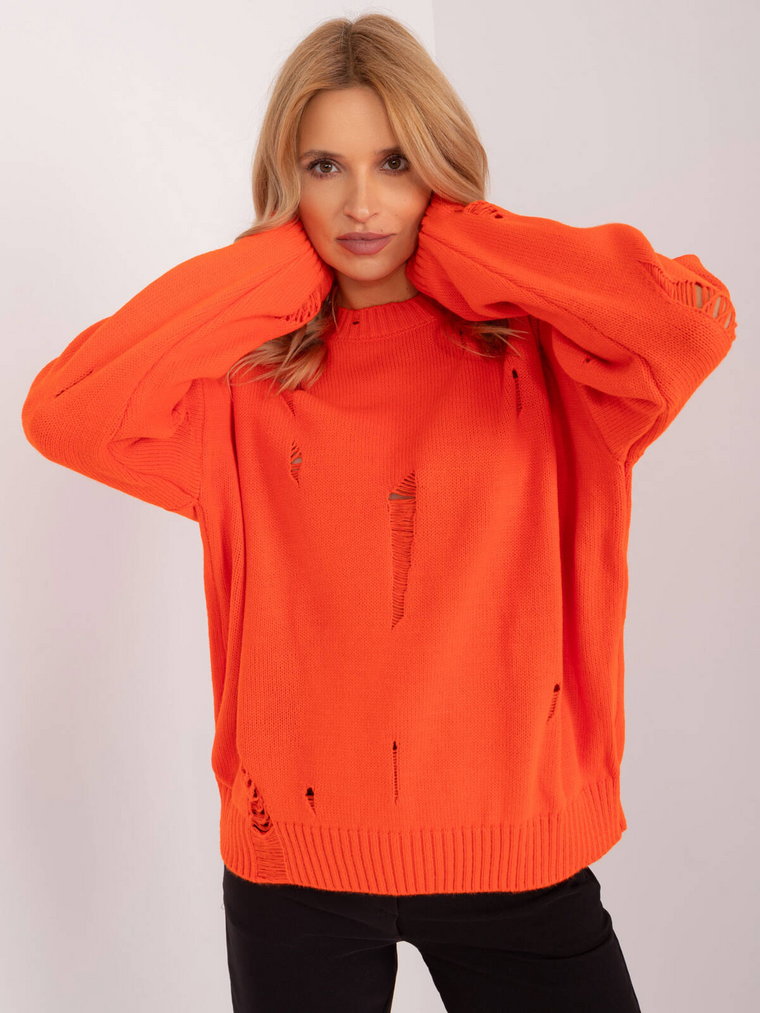 Sweter oversize pomarańczowy casual dekolt okrągły rękaw długi dziury