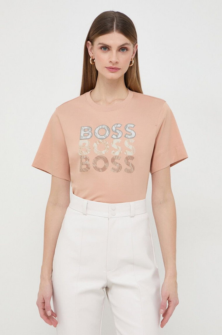 BOSS t-shirt bawełniany damski kolor beżowy