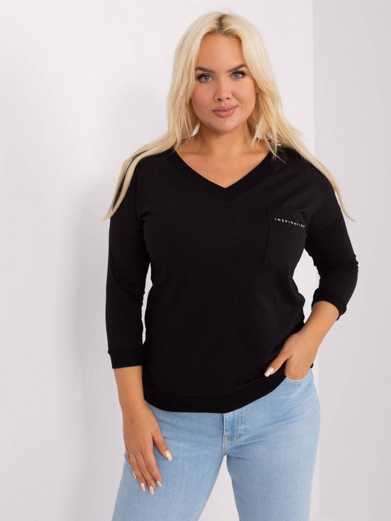 Bluzka plus size czarny codzienna dekolt w kształcie V rękaw 3/4 kieszeń