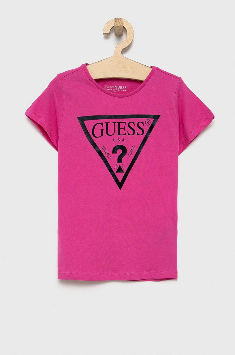 Guess T-shirt bawełniany dziecięcy kolor fioletowy